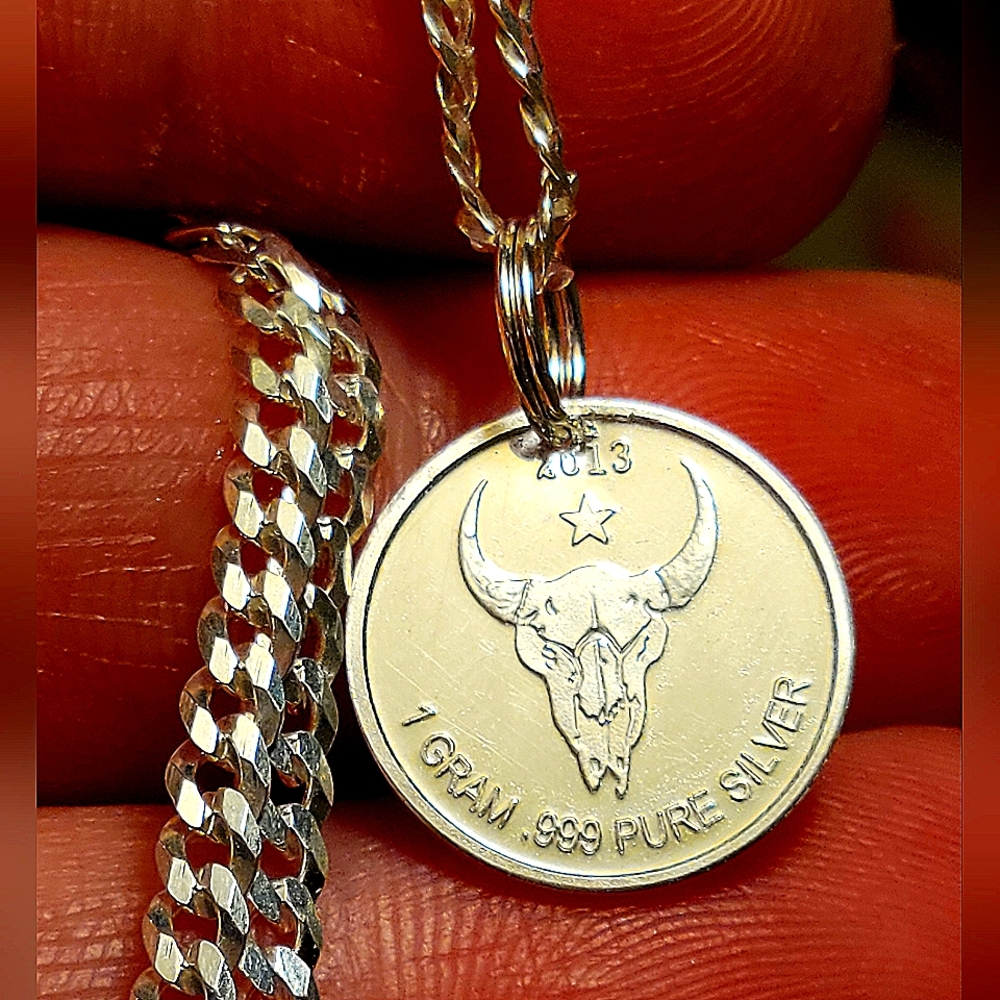 .999 Fine Silver Bull Skull Pendant